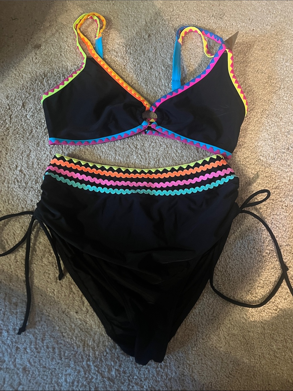 Black Women's Two-Piece Bikini Set with Neon Trim one top and two bottoms, NWOT